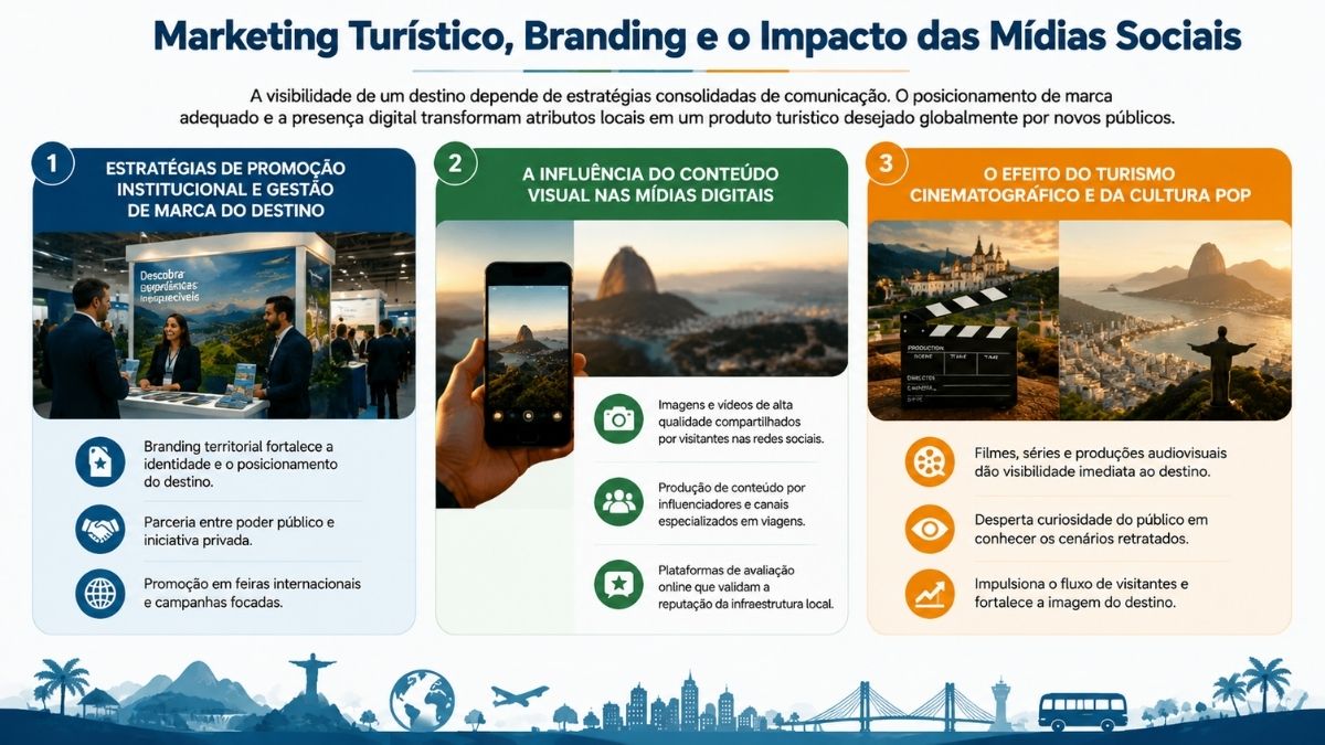 Infográfico explicativo sobre marketing turístico branding e mídias sociais com o título Marketing Turístico, Branding e o Impacto das Mídias Sociais. A imagem é dividida em três colunas numeradas. A primeira coluna foca em estratégias de promoção institucional e gestão de marca com foto de estande em feira de turismo. A segunda coluna detalha a influência do conteúdo visual nas mídias digitais com a foto de uma mão segurando um smartphone que fotografa o Pão de Açúcar. A terceira coluna aborda o efeito do turismo cinematográfico e da cultura pop com imagens de uma claquete de cinema e do Cristo Redentor. No rodapé há uma ilustração com silhuetas de monumentos e meios de transporte.