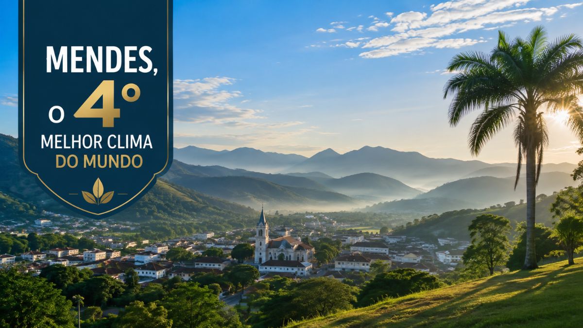Vista panorâmica da cidade de Mendes no Estado do Rio de Janeiro destacando a igreja matriz no centro, cercada por serras verdes e vegetação nativa da Mata Atlântica sob um céu ensolarado.