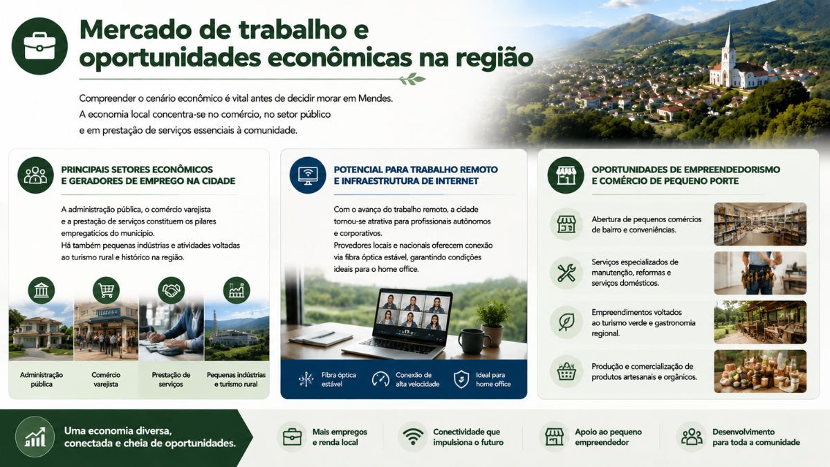 Infográfico explicativo sobre mercado de trabalho em Mendes RJ destacando setores econômicos, potencial para trabalho remoto e oportunidades de empreendedorismo local.