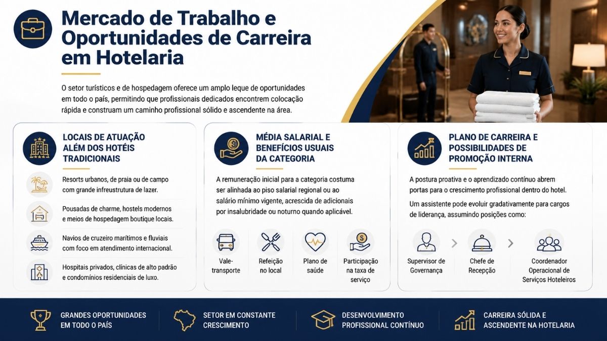 Infográfico sobre o mercado de trabalho em hotelaria, mostrando locais de atuação além dos hotéis, média salarial, benefícios e plano de carreira para promoção interna.