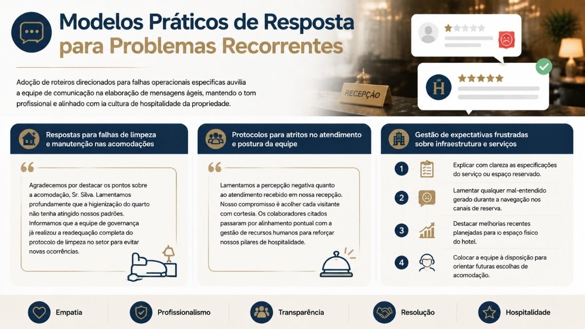 Infográfico com modelos práticos de resposta para problemas recorrentes em hotéis, incluindo falhas de limpeza, atritos no atendimento e gestão de expectativas.