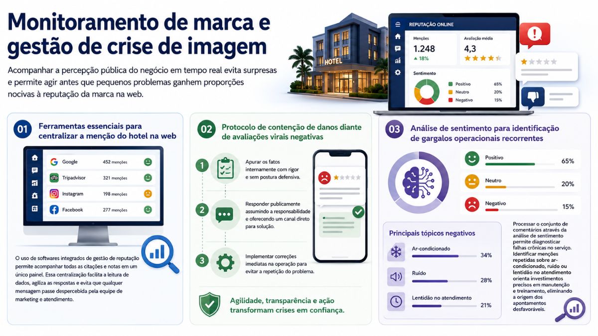 Infográfico explicativo sobre monitoramento de marca e gestão de crise de imagem hoteleira, apresentando ferramentas de centralização de menções, protocolos de contenção de danos e análise de sentimento para identificar gargalos operacionais.