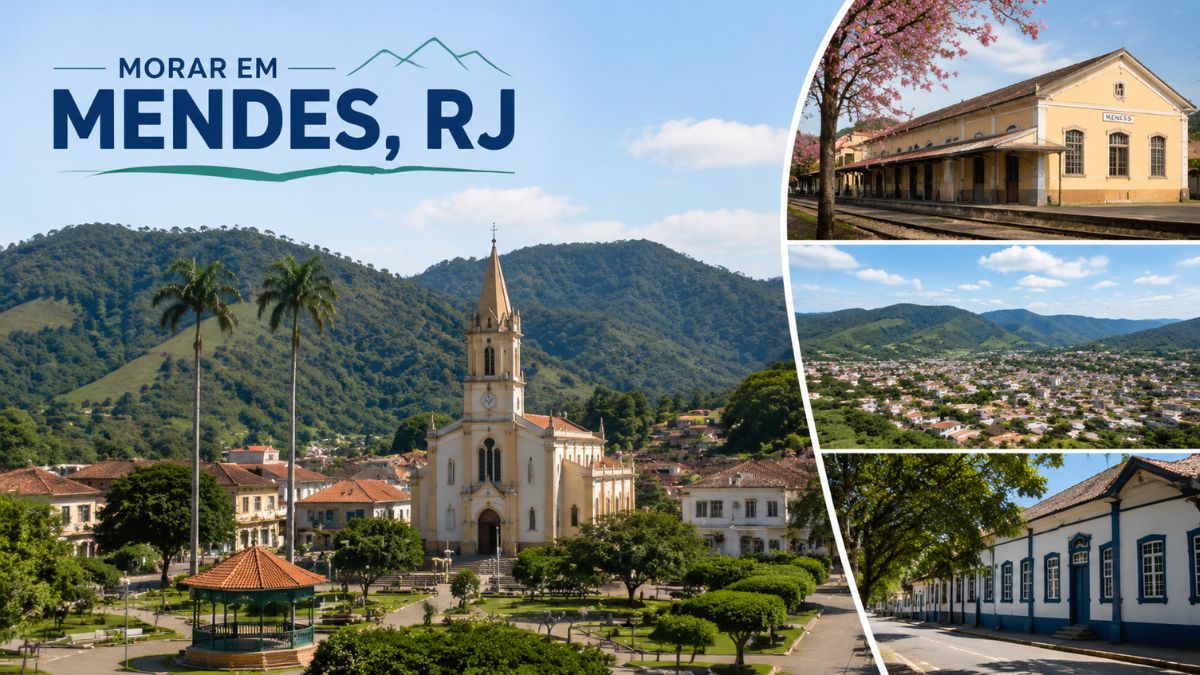Colagem de fotos de Mendes RJ mostrando a praça principal com uma igreja, a estação de trem histórica, uma vista aérea da cidade cercada por montanhas e uma rua com arquitetura colonial e árvores frondosas.