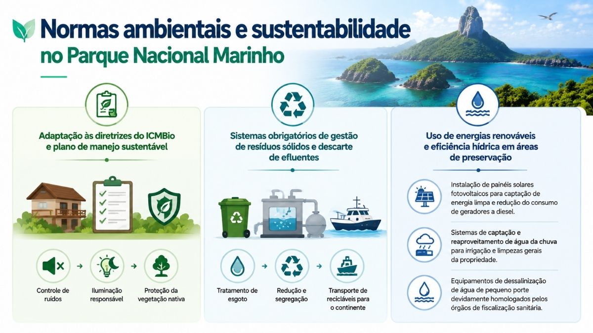 Infográfico sobre normas ambientais no Parque Nacional Marinho com diretrizes do ICMBio gestão de resíduos e uso de energias renováveis em Fernando de Noronha.