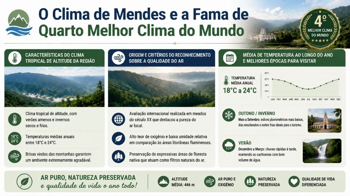Infográfico sobre o clima de Mendes destacando o clima tropical de altitude, a pureza do ar e a variação de temperatura anual de 18°C a 24°C.