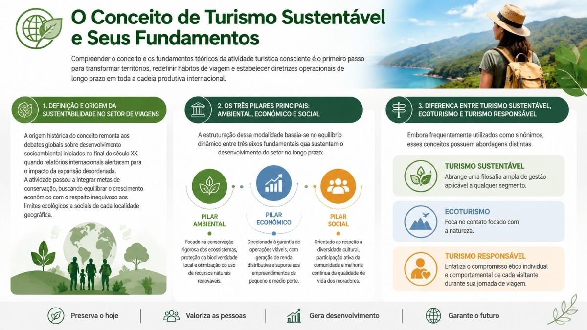 Infográfico detalhado sobre o conceito de turismo sustentável e seus fundamentos, dividido em três seções explicativas que detalham a origem histórica, os três pilares fundamentais ambiental, econômico e social, e as diferenças essenciais entre turismo sustentável, ecoturismo e turismo responsável.