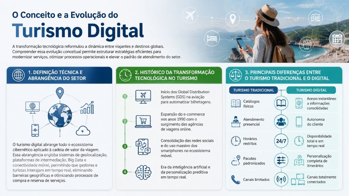 Infográfico explicativo sobre o conceito e a evolução do turismo digital, apresentando a definição técnica do setor, o histórico da transformação tecnológica e a comparação entre o turismo tradicional e o digital.