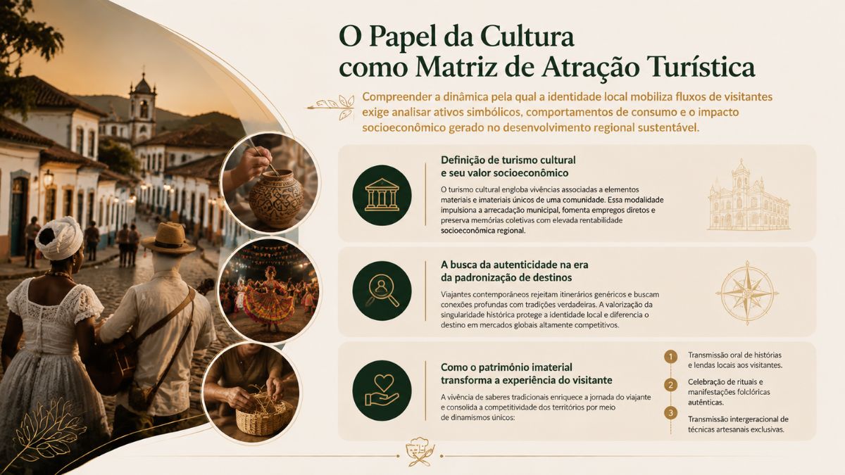 Infográfico explicativo sobre o papel da cultura na atração turística, destacando centro histórico colonial, artesanato em cerâmica e festividades populares.