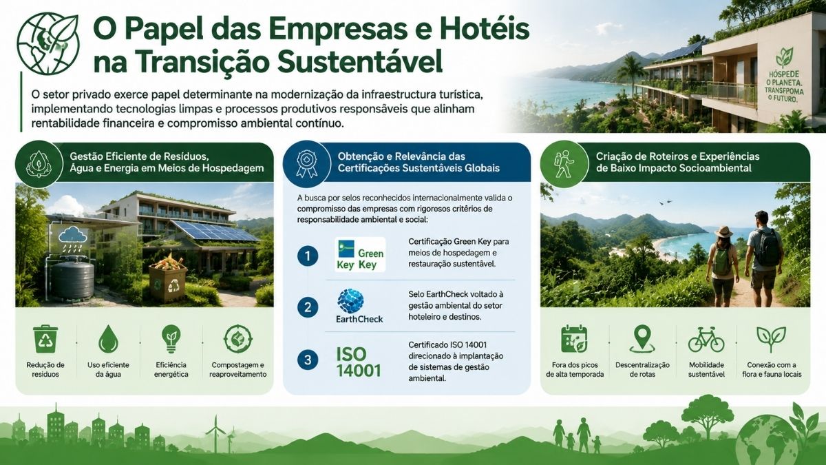 Infográfico detalhado sobre o papel das empresas e meios de hospedagem no turismo sustentável, apresentando práticas de gestão de resíduos e energia, certificações globais como Green Key e ISO 14001, além da criação de roteiros turísticos de baixo impacto socioambiental.