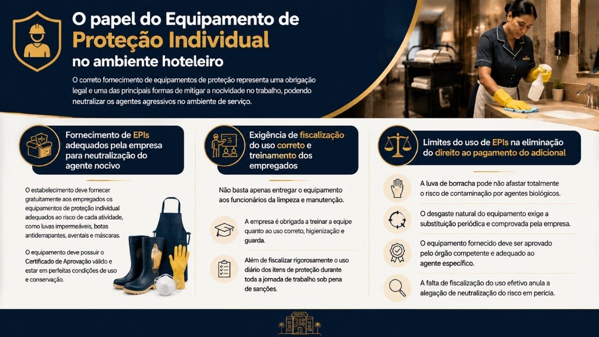 Infográfico explicativo sobre o papel do equipamento de proteção individual no ambiente hoteleiro, detalhando o fornecimento gratuito de EPIs, fiscalização do uso, treinamento e limites na eliminação do adicional.