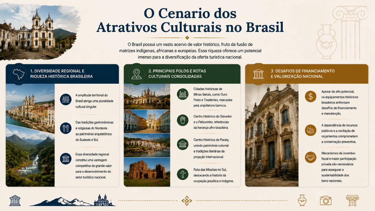 Infográfico explicativo sobre o cenário dos atrativos culturais no Brasil. No topo superior esquerdo, há a imagem de uma igreja de arquitetura barroca histórica em uma rua de paralelepípedos. Ao centro, destaca-se o título principal em azul e um parágrafo que descreve como o Brasil possui um vasto acervo fruto da fusão de matrizes indígenas, africanas e europeias. O corpo da imagem é organizado em três blocos numerados. O primeiro bloco trata da diversidade regional e riqueza histórica brasileira, abordando pluralidade cultural, tradições do Nordeste, Sudeste e Sul, acompanhado por fotos do Pelourinho e de uma paisagem natural. O segundo bloco destaca os principais polos e rotas culturais consolidadas, citando cidades históricas de Minas Gerais, o Centro Histórico de Salvador, o Centro Histórico de Paraty e a Rota das Missões no Sul, acompanhado por quatro fotografias desses destinos. O terceiro bloco aborda os desafios de financiamento e valorização nacional, cobrindo aspectos como dependência de recursos públicos, oscilação orçamentária e necessidade de incentivos fiscais e parcerias privadas, ilustrado por uma fachada histórica em processo de conservação.