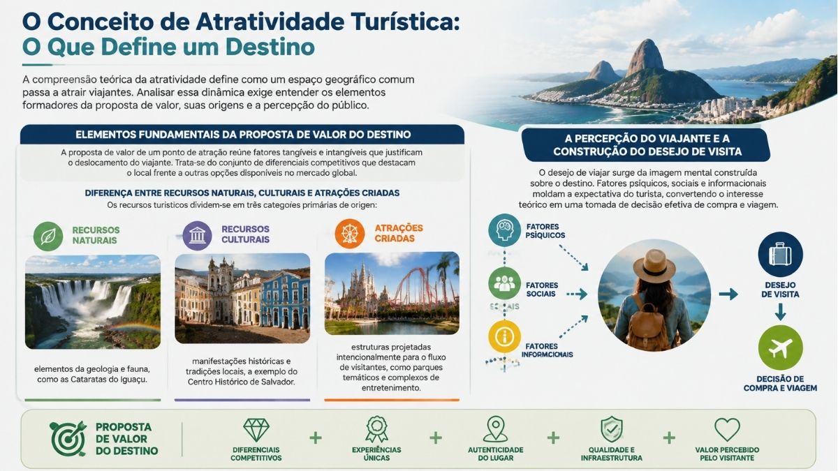 Infográfico explicativo sobre o conceito de atratividade turística com o cabeçalho O Conceito de Atratividade Turística: O Que Define um Destino. No lado esquerdo estão os elementos da proposta de valor divididos em recursos naturais com foto das Cataratas do Iguaçu, recursos culturais com foto do Centro Histórico de Salvador e atrações criadas com foto de um parque temático. No lado direito um diagrama detalha a percepção do viajante com fatores psíquicos, sociais e informacionais convergindo para o desejo de visita e a decisão de viagem, ilustrado com a foto de uma turista observando o mar. No rodapé uma equação visual mostra que a proposta de valor é a soma de diferenciais competitivos, experiências únicas, autenticidade, qualidade da infraestrutura e valor percebido.