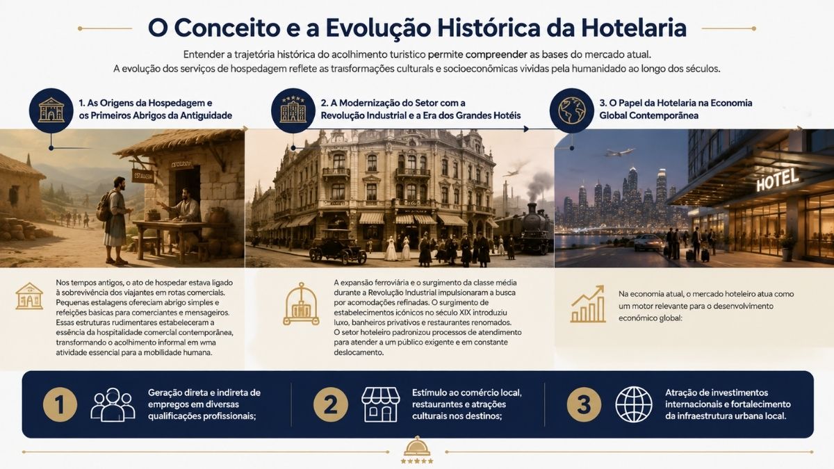 Infográfico ilustrando a linha do tempo da evolução histórica da hotelaria, das estalagens antigas aos grandes hotéis modernos contemporâneos.