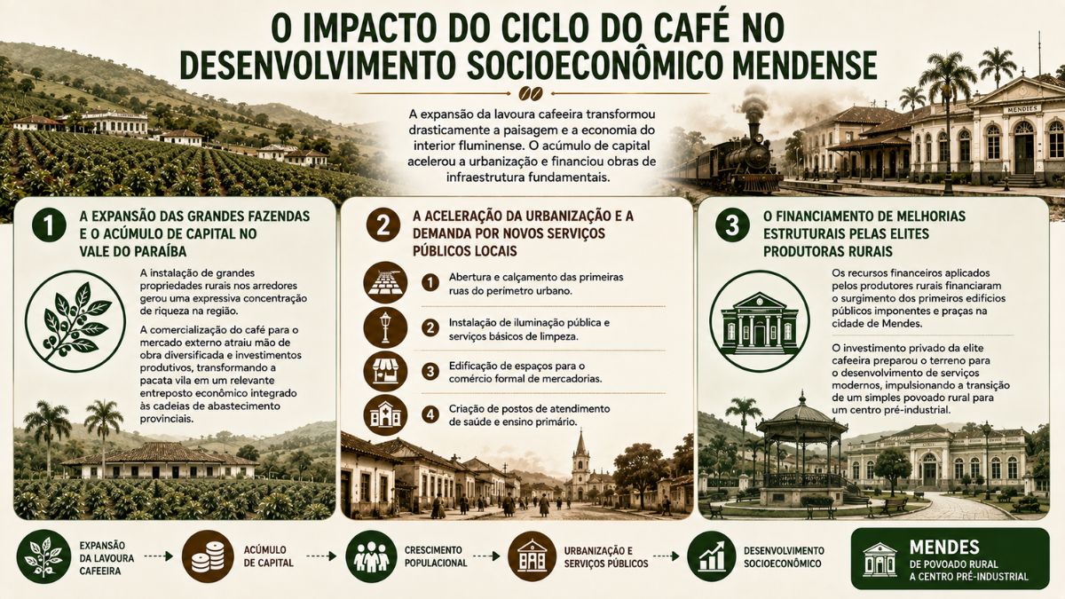 Infográfico histórico sobre o impacto do ciclo do café em Mendes no Rio de Janeiro, destacando a expansão das fazendas, o acúmulo de capital, a urbanização e o financiamento de melhorias pelas elites rurais.