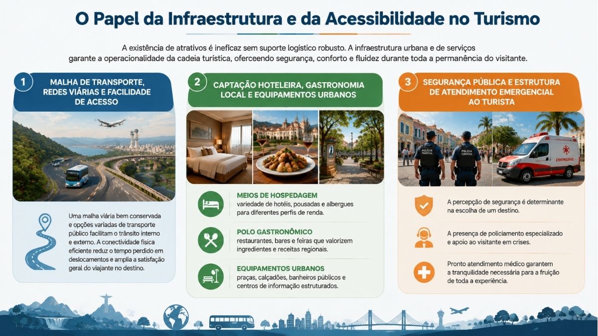 Infográfico explicativo sobre a infraestrutura e a acessibilidade no turismo com o título O Papel da Infraestrutura e da Acessibilidade no Turismo. A imagem é dividida em três colunas numeradas. A primeira coluna aborda a malha de transporte, redes viárias e facilidade de acesso, exibindo fotos de estradas, ônibus e avião. A segunda coluna detalha a captação hoteleira, gastronomia local e equipamentos urbanos, trazendo fotos de quarto de hotel, prato típico e praça arborizada, além de ícones sobre meios de hospedagem, polo gastronômico e equipamentos urbanos. A terceira coluna destaca a segurança pública e estrutura de atendimento emergencial ao turista, com fotos de policiais turísticos e ambulância. No rodapé há uma ilustração de horizonte urbano com meios de transporte e pontes.