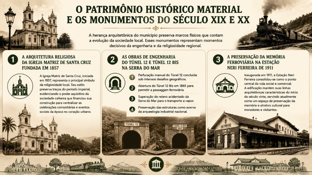Infográfico sobre o patrimônio histórico de Mendes no Rio de Janeiro, destacando a Igreja Matriz de Santa Cruz construída em 1857, as obras do Túnel 12 e Túnel 12 Bis na Serra do Mar e a Estação Neri Ferreira inaugurada em 1911.
