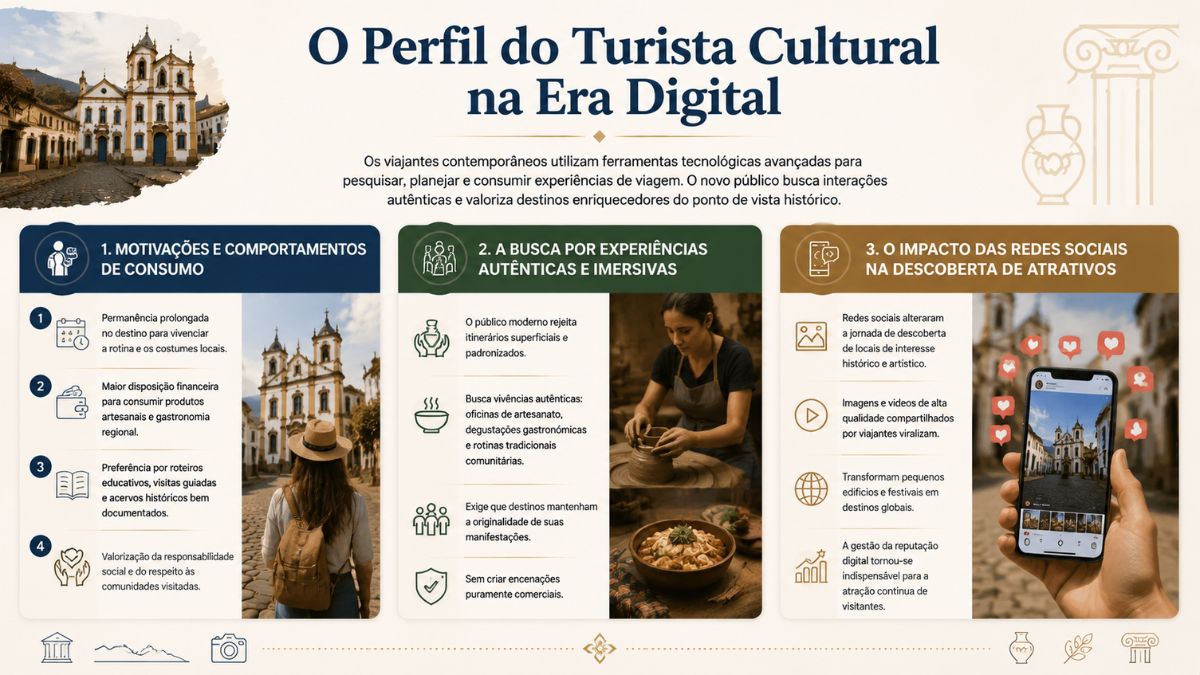 Infográfico explicativo sobre o perfil do turista cultural na era digital. No topo superior esquerdo, há a imagem de uma igreja de arquitetura barroca em uma rua colonial de paralelepípedos. Ao centro, destaca-se o título principal em azul com um parágrafo que descreve como os viajantes utilizam ferramentas tecnológicas para planejar experiências e buscar interações autênticas em destinos históricos. O corpo da imagem é dividido em três blocos numerados. O primeiro bloco detalha motivações e comportamentos de consumo, cobrindo aspectos como permanência prolongada, disposição financeira, preferência por roteiros educativos e responsabilidade social, ilustrado com uma turista de chapéu e mochila observando uma igreja histórica. O segundo bloco foca na busca por experiências autênticas e imersivas, destacando a rejeição a itinerários superficiais e a busca por oficinas e gastronomia, acompanhado pela imagem de uma artesã moldando cerâmica e um prato típico regional. O terceiro bloco aborda o impacto das redes sociais na descoberta de atrativos, ressaltando o papel de imagens virais e da reputação digital, ilustrado por uma mão segurando um smartphone que exibe a foto do destino histórico cercado por ícones de curtidas.