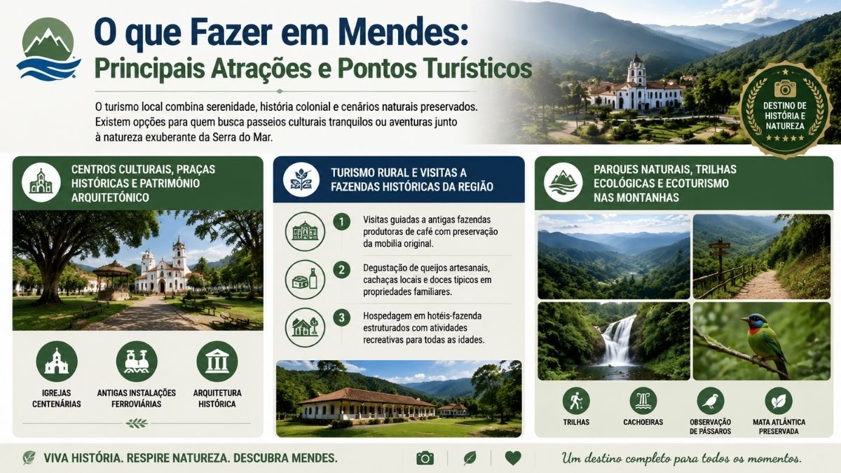 Infográfico sobre o turismo em Mendes apresentando passeios culturais, fazendas históricas do café, parques naturais, cachoeiras e trilhas ecológicas.