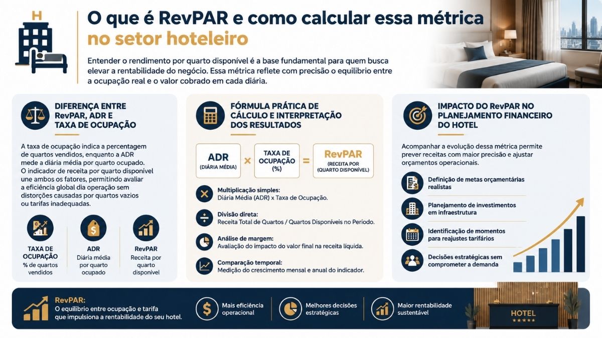 Infográfico explicativo detalhando a fórmula de cálculo do RevPAR, a diferença entre diária média e taxa de ocupação e o impacto financeiro na hotelaria.
