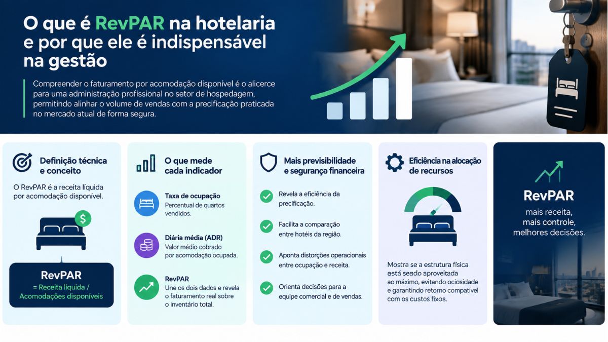 Infográfico explicativo sobre o que é RevPAR na hotelaria, detalhando definição técnica, taxa de ocupação, diária média e estratégias para gestão hoteleira.