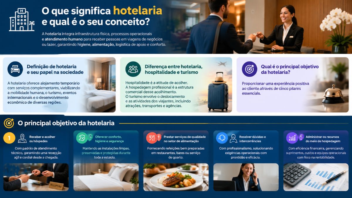 Infográfico explicativo sobre o que significa hotelaria, detalhando conceitos, papel na sociedade, diferenças entre hospitalidade e turismo, e os cinco pilares do objetivo hoteleiro.
