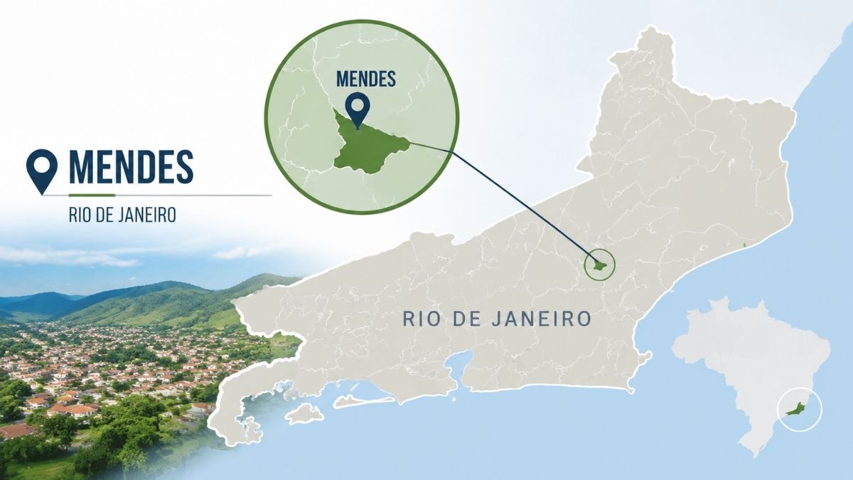 Mapa do estado do Rio de Janeiro destacando a localização exata do município de Mendes no Médio Paraíba com vista panorâmica da cidade.