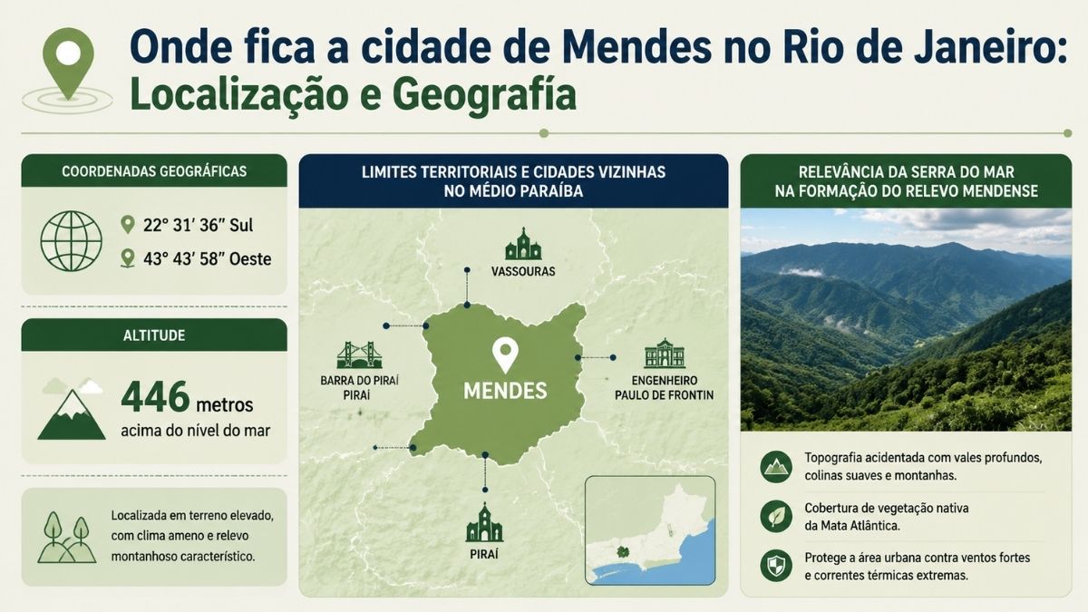 Infográfico explicativo sobre a localização e geografia de Mendes no Rio de Janeiro, exibindo coordenadas geográficas, altitude, limites territoriais e relevo montanhoso.