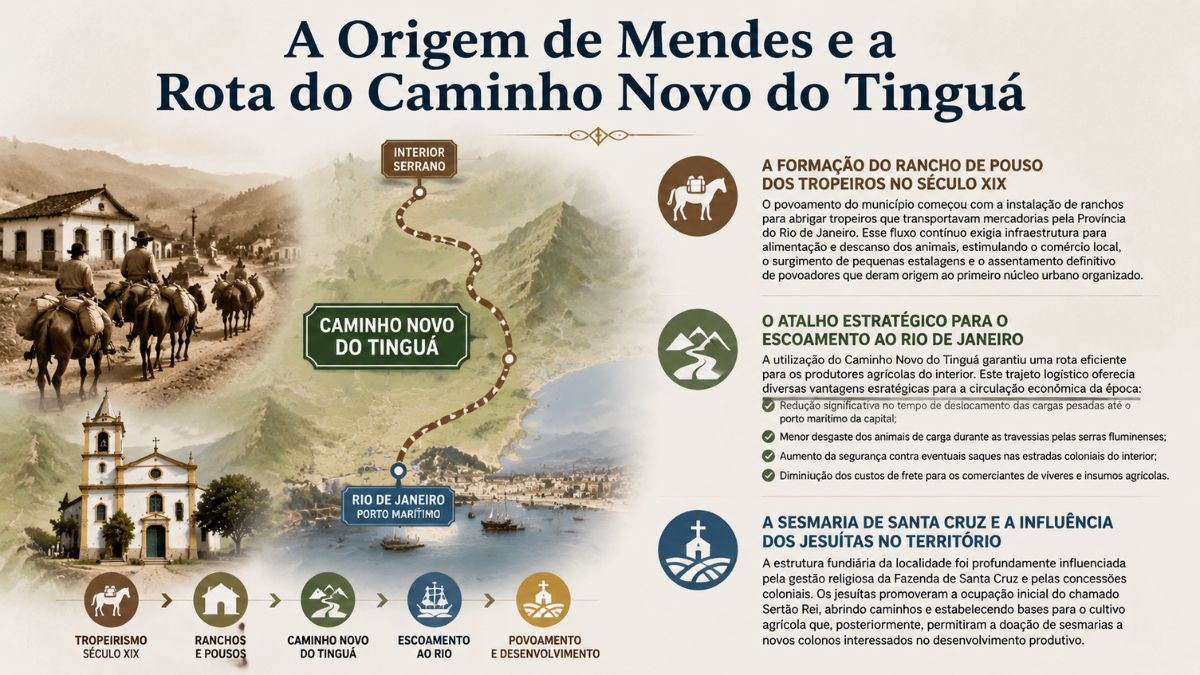 Infográfico explicativo sobre a origem de Mendes mostrando mapa do Caminho Novo do Tinguá ligando o interior serrano ao porto do Rio de Janeiro, tropeiros em rota colonial, igreja histórica e ícones sobre sesmarias e jesuítas.