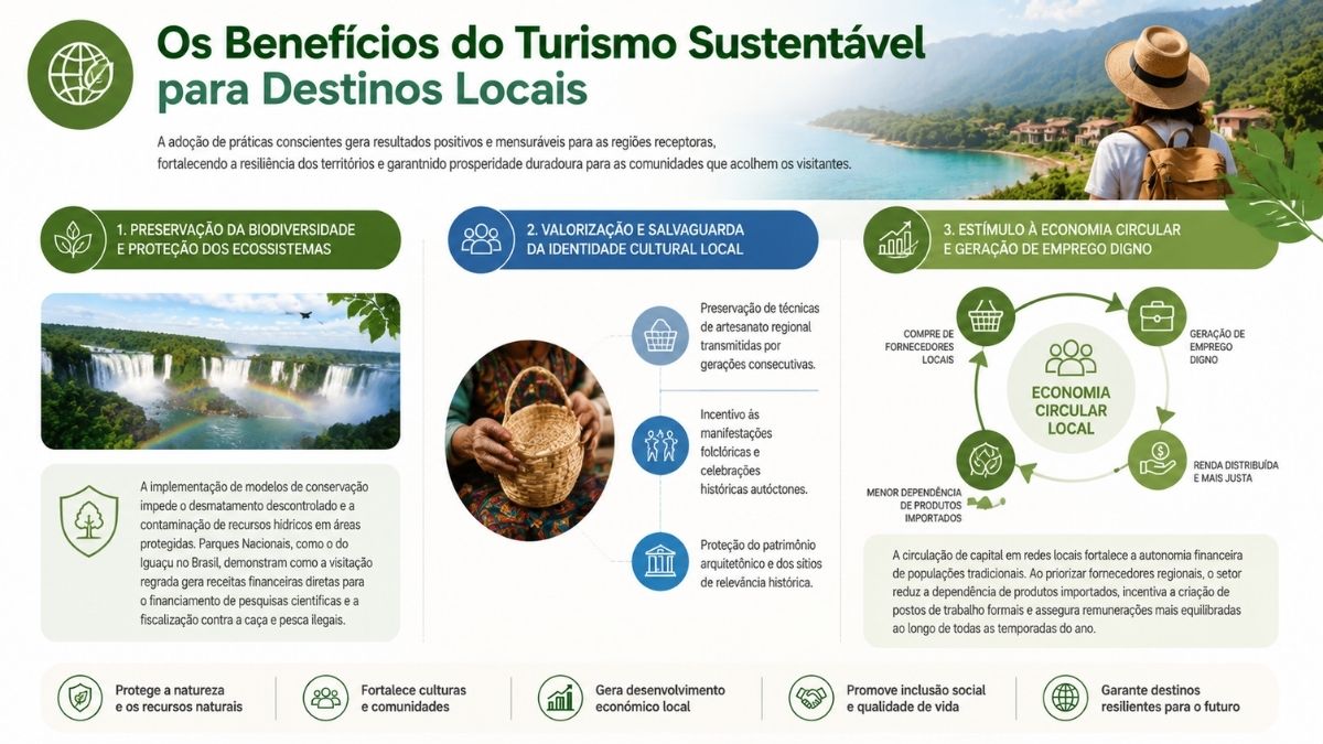 Infográfico detalhado sobre os benefícios do turismo sustentável para destinos locais, apresentando ações de preservação da biodiversidade, salvaguarda da identidade cultural e um ciclo de economia circular local que estimula a geração de emprego digno.