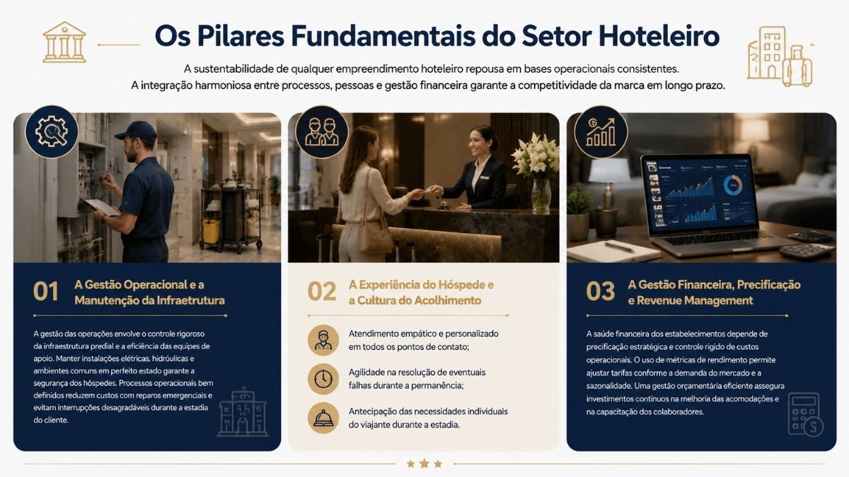 Infográfico detalhando os três pilares fundamentais da gestão hoteleira: manutenção da infraestrutura, experiência do hóspede e gestão financeira estratégica.