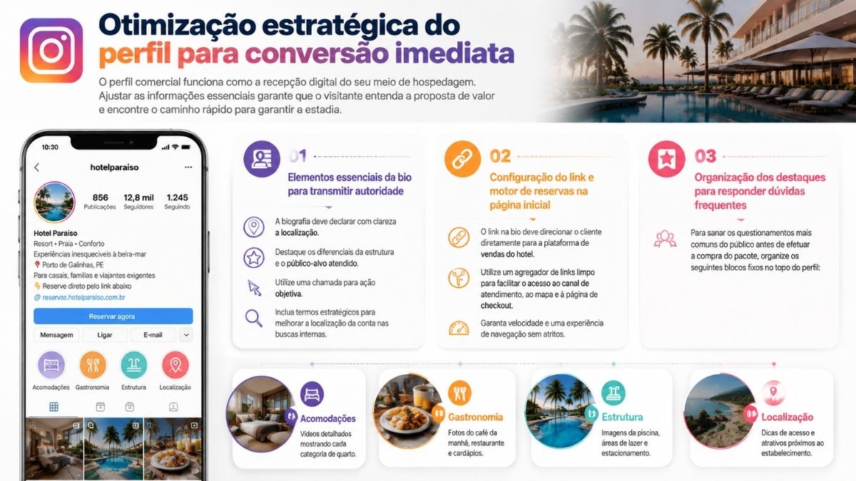Infográfico sobre otimização estratégica do perfil no Instagram para conversão imediata de hotéis, destacando elementos da bio, configuração do link e destaques fixos.