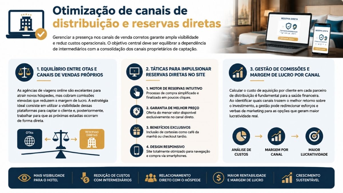 Infográfico sobre distribuição hoteleira e táticas para aumentar reservas diretas, mostrando o equilíbrio entre agências online e site próprio.
