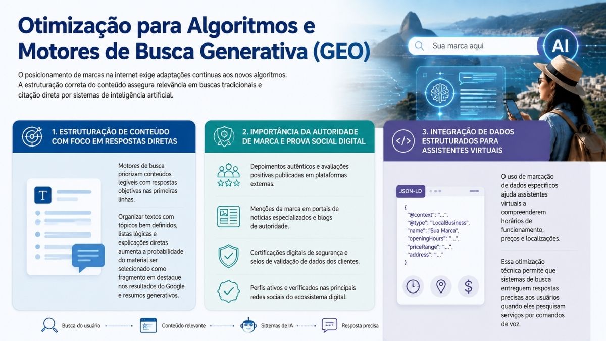 Infográfico explicativo sobre otimização para algoritmos e motores de busca generativa GEO no turismo, destacando estruturação de conteúdo, autoridade de marca e dados estruturados.