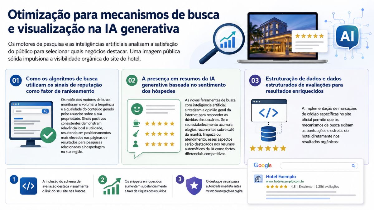Infográfico detalhado explicando como os motores de busca e as inteligências artificiais utilizam sinais de reputação, análise de sentimento dos hóspedes e dados estruturados para destacar hotéis nos resultados orgânicos.