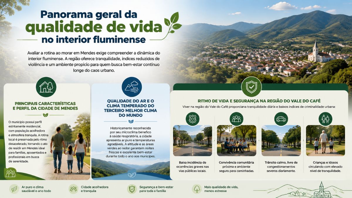 Infográfico explicativo detalhando a qualidade de vida ao morar em Mendes RJ, destacando informações sobre perfil residencial, clima temperado e segurança no Vale do Café.