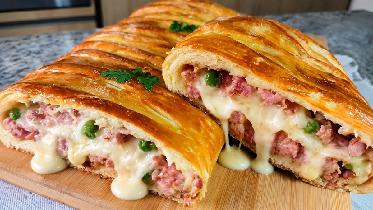 Pão caseiro trançado e assado recheado com linguiça calabresa picada, requeijão cremoso derretendo e cebolinha fresca servido sobre uma tábua de madeira.
