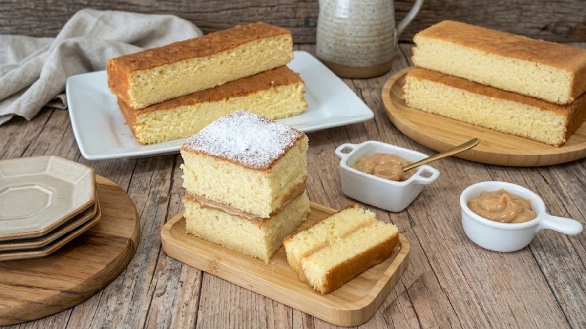 Pão de ló grande fofinho fatiado e recheado com doce de leite sobre uma prancha de madeira, acompanhado por potes de recheio e fatias da massa caseira em pratos ao fundo em uma mesa de madeira rústica.