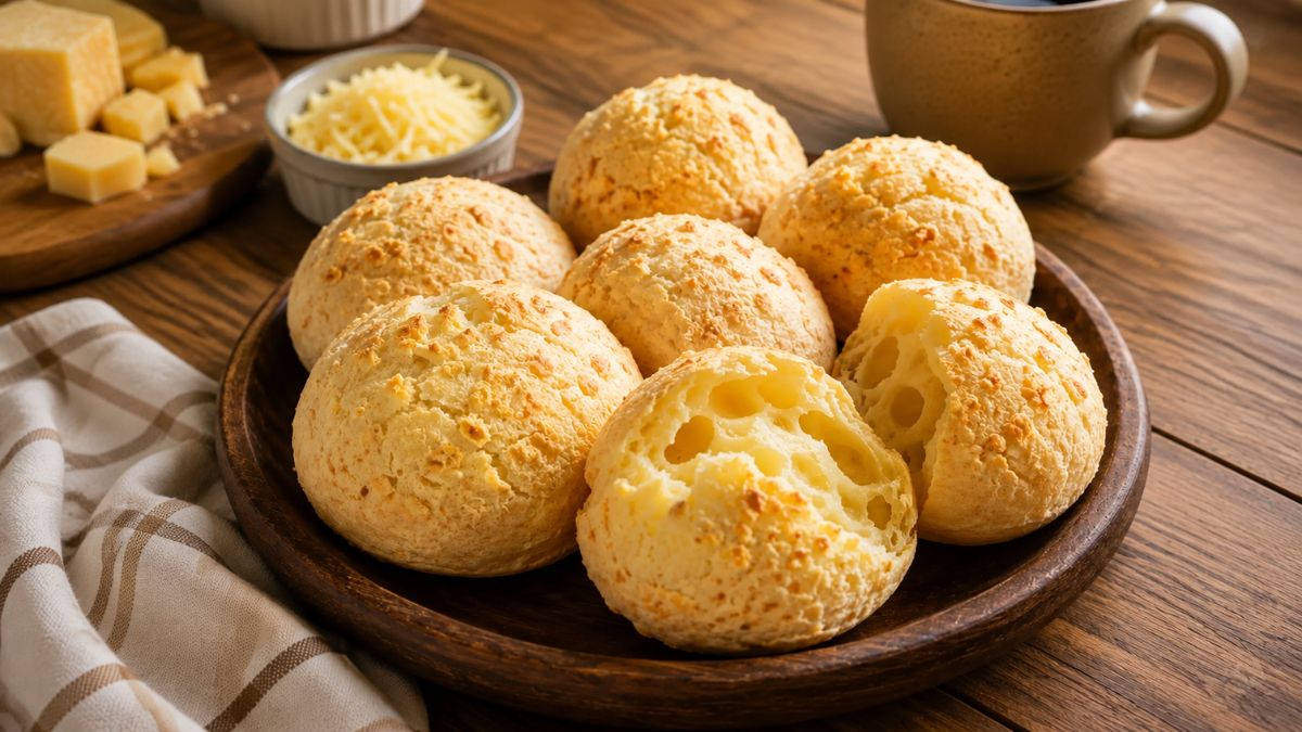 Vários pães de queijo redondos e dourados estão em um prato de madeira. Um pão na frente está partido ao meio, revelando o interior macio e elástico com queijo derretido. Cubos e queijo ralado estão ao fundo em uma mesa de madeira.