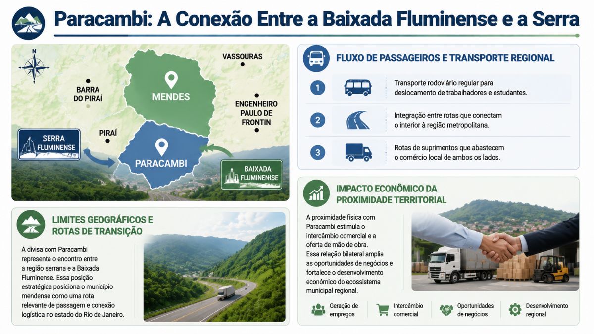 Infográfico sobre a divisa geográfica, rotas de transição, transporte regional e impacto econômico entre Paracambi e a cidade vizinha de Mendes.