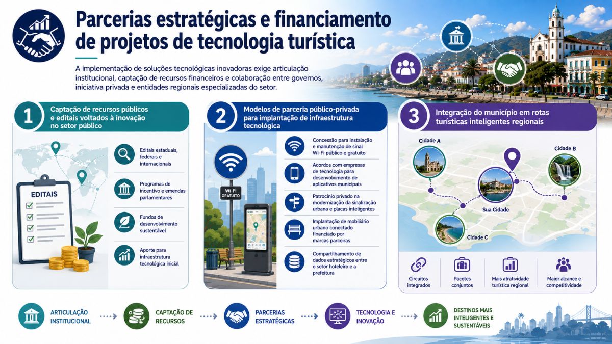 Infográfico ilustrativo sobre parcerias estratégicas e modelos de financiamento para projetos de tecnologia turística em municípios. O cabeçalho contextualiza a importância da articulação institucional, captação de recursos e cooperação entre setores público e privado. O conteúdo está estruturado em três colunas numeradas. A primeira coluna aborda a captação de recursos públicos e editais para inovação, mostrando uma prancheta de editais com moedas e pontos sobre fundos sustentáveis e emendas parlamentares. A segunda coluna detalha modelos de parceria público-privada, exibindo um totem digital e uma placa de Wi-Fi gratuito em ambiente urbano, acompanhados de itens como concessões, patrocínios e mobiliário urbano conectado. A terceira coluna apresenta a integração do município em rotas turísticas inteligentes regionais, com um mapa conectando diferentes cidades vizinhas por linhas pontilhadas. Na base, um fluxo sequencial liga articulação institucional, captação de recursos, parcerias, tecnologia e destinos inteligentes.
