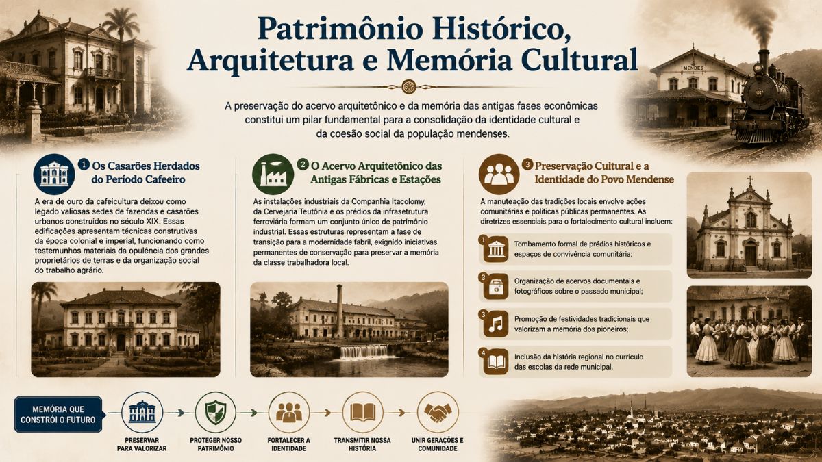 Infográfico sobre o patrimônio histórico de Mendes destacando casarões do período cafeeiro, antigas fábricas, a estação ferroviária Nery Ferreira, a igreja matriz de Santa Cruz e a preservação da memória cultural fluminense.