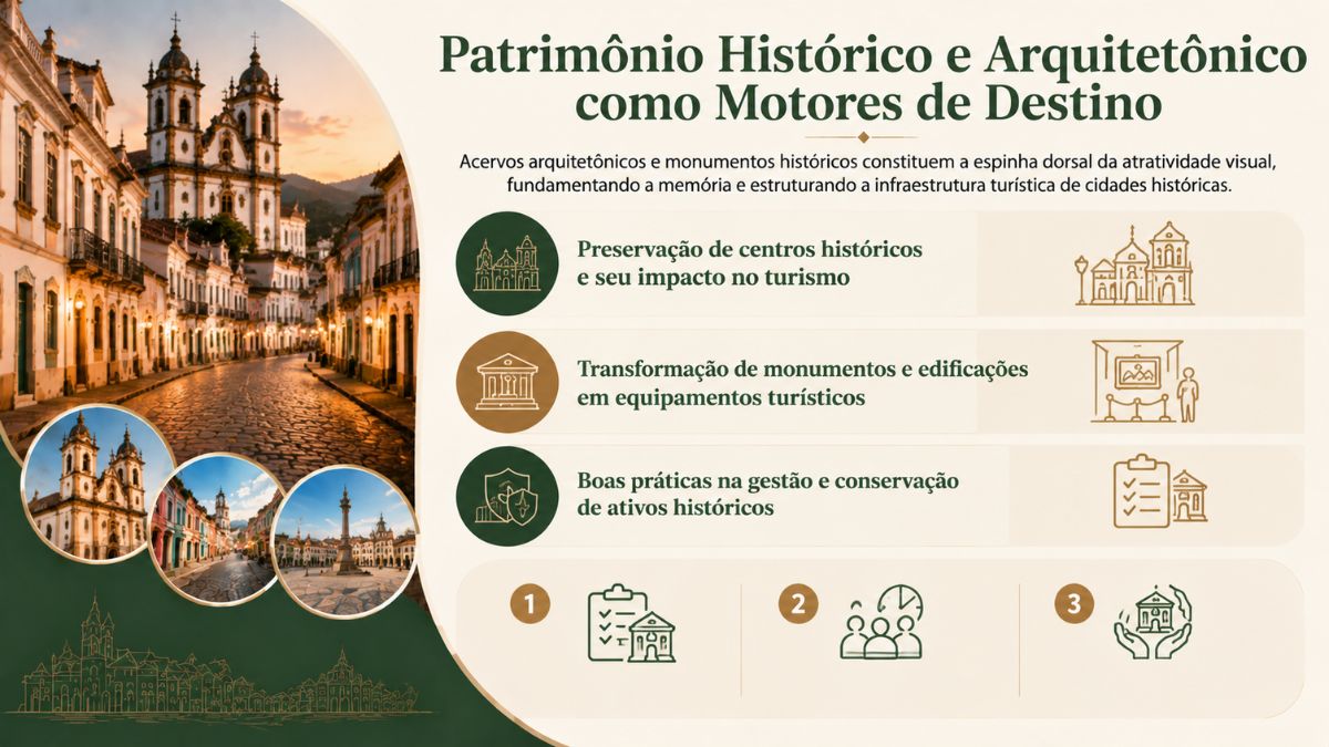 Infográfico sobre patrimônio histórico e arquitetônico como motores de destino, destacando preservação, equipamentos turísticos e boas práticas de gestão.