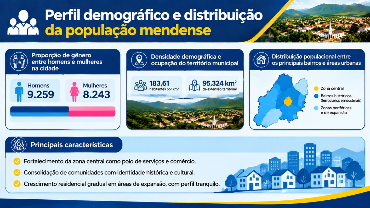 Infográfico com o perfil demográfico de Mendes, RJ, exibindo a proporção de 9.259 homens e 8.243 mulheres, densidade de 183,61 hab/km² e mapa da distribuição habitacional.