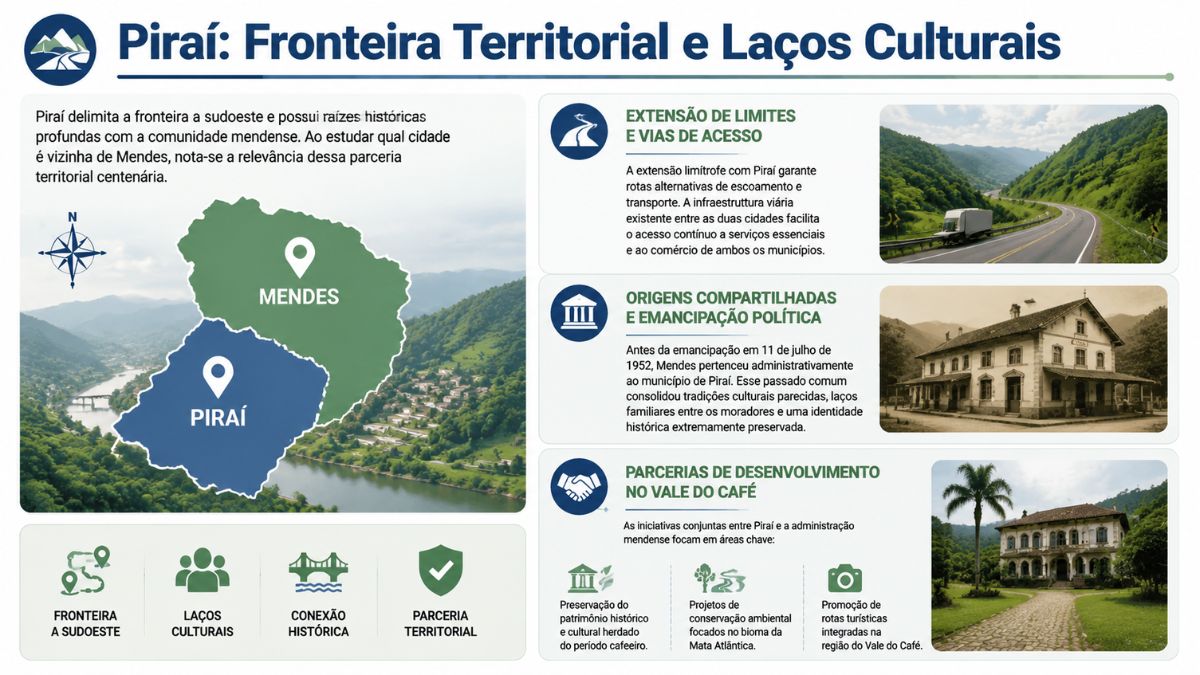 Infográfico detalhando a fronteira a sudoeste, extensão de limites, emancipação política e parcerias no Vale do Café entre Piraí e a cidade vizinha de Mendes.