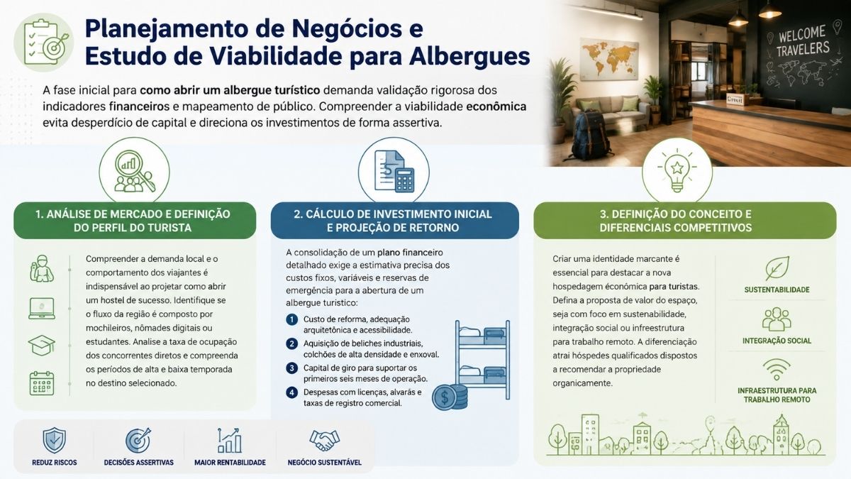 Infográfico detalhado sobre estudo de viabilidade e planejamento de negócios para albergues, destacando análise de mercado, cálculo de investimento inicial e conceito.