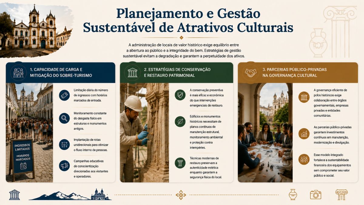 Infográfico explicativo sobre planejamento e gestão sustentável de atrativos culturais. No topo superior esquerdo, há a imagem de uma igreja barroca histórica em uma rua colonial de paralelepípedos. Ao centro, destaca-se o título principal em azul e um parágrafo que descreve como a administração de locais de valor histórico exige equilíbrio entre a abertura ao público e a integridade do bem. O corpo da imagem é dividido em três blocos numerados. O primeiro bloco foca na capacidade de carga e mitigação do sobre-turismo, detalhando limitação diária de ingressos, monitoramento do desgaste físico, rotas unidirecionais e campanhas educativas, ilustrado pela foto de uma rua movimentada com uma placa de ingressos limitados. O segundo bloco aborda estratégias de conservação e restauro patrimonial, destacando conservação preventiva, manutenção contínua e técnicas modernas de restauro, acompanhado pela imagem de um restaurador trabalhando em uma coluna histórica entalhada. O terceiro bloco detalha parcerias público-privadas na governança cultural, cobrindo colaboração entre órgãos governamentais, sustentabilidade financeira e investimentos contínuos, ilustrado por uma reunião de negócios com vista para um centro histórico.