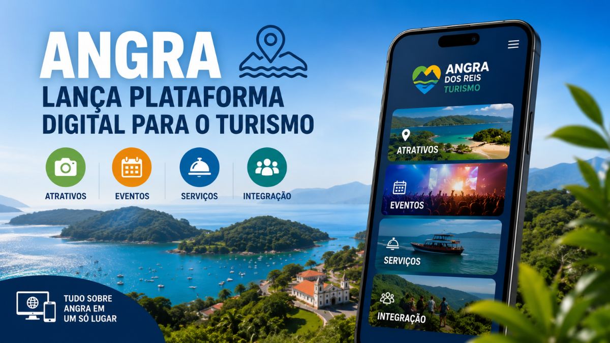 Smartphone exibindo a tela da plataforma digital de turismo de Angra dos Reis com atrativos, eventos, serviços e integração sobre fundo panorâmico da costa.