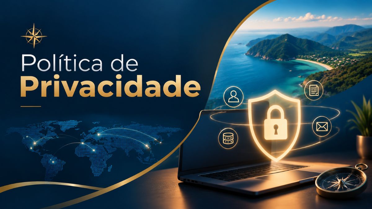 Banner de Política de Privacidade com escudo de proteção luminoso, notebook e paisagem de turismo sustentável.