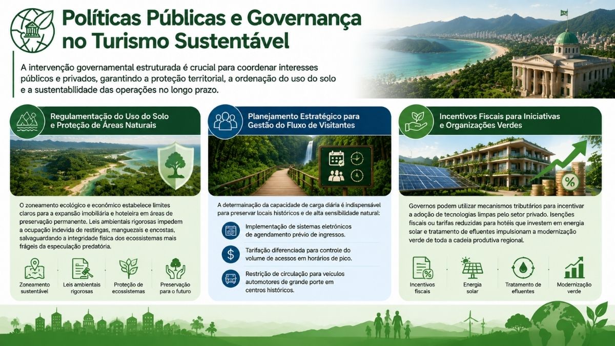 Infográfico detalhado sobre políticas públicas e governança no turismo sustentável, apresentando diretrizes para regulamentação do uso do solo, planejamento estratégico para gestão do fluxo de visitantes e incentivos fiscais para iniciativas verdes no setor.