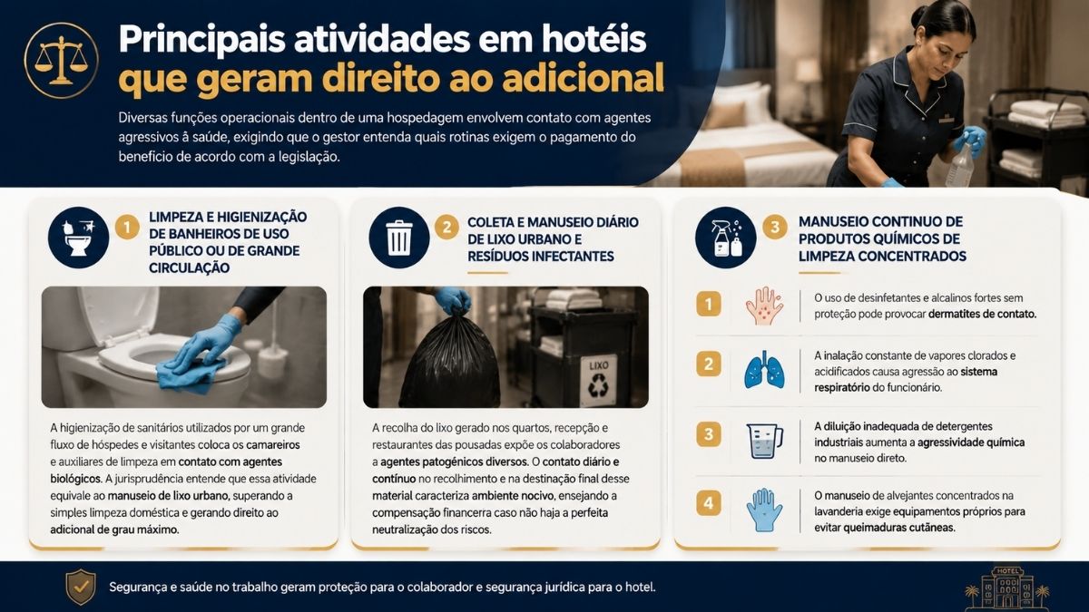 Infográfico explicativo listando as principais atividades na hotelaria que geram adicional de insalubridade, como higienização de banheiros, coleta de lixo e manuseio de produtos químicos.